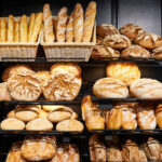 Fresh bread on shelves in a bakery
